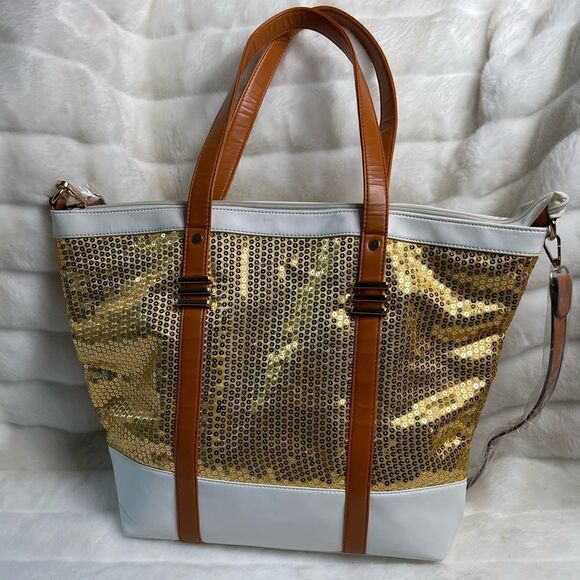 J Francis gold sequins with white and tan faux leather trims tote/shoulder bag. - Picture 1 of 10
